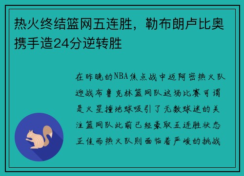 热火终结篮网五连胜，勒布朗卢比奥携手造24分逆转胜